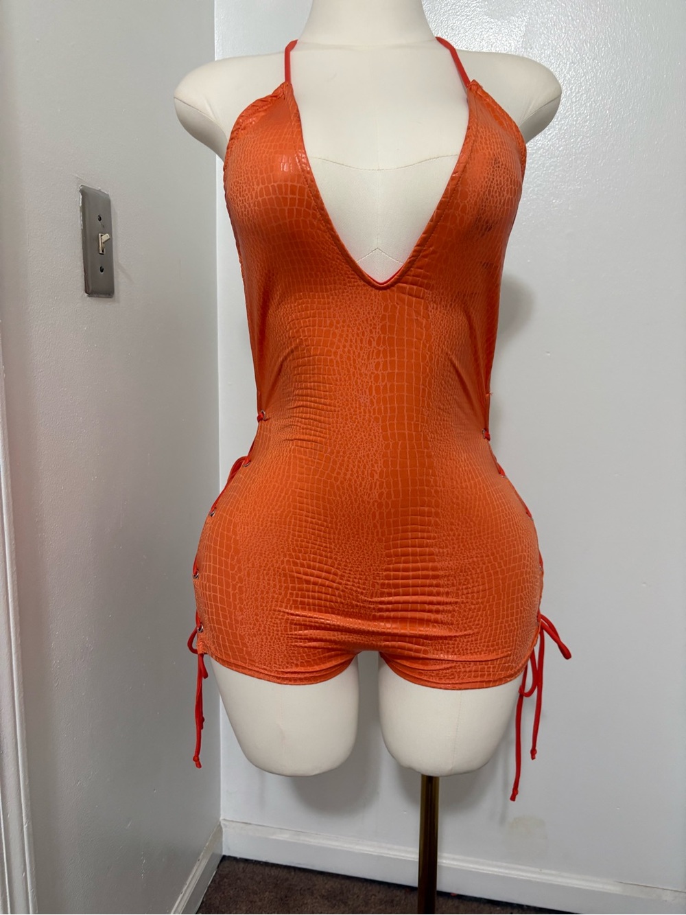 Women's Orange Halter Lace-Up sides Romper Medium NWOT